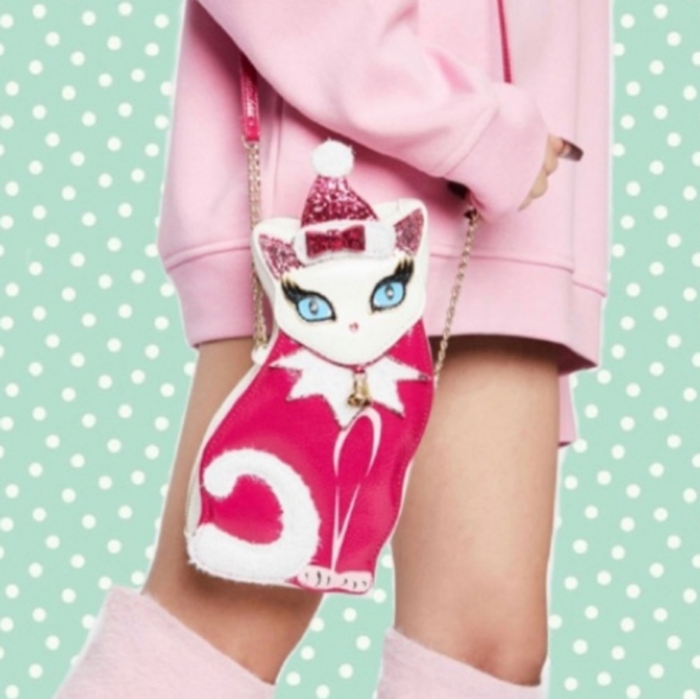 Betsey Johnson Kitsch Holiday Kitty Crossbody Pink novelty purse betsey